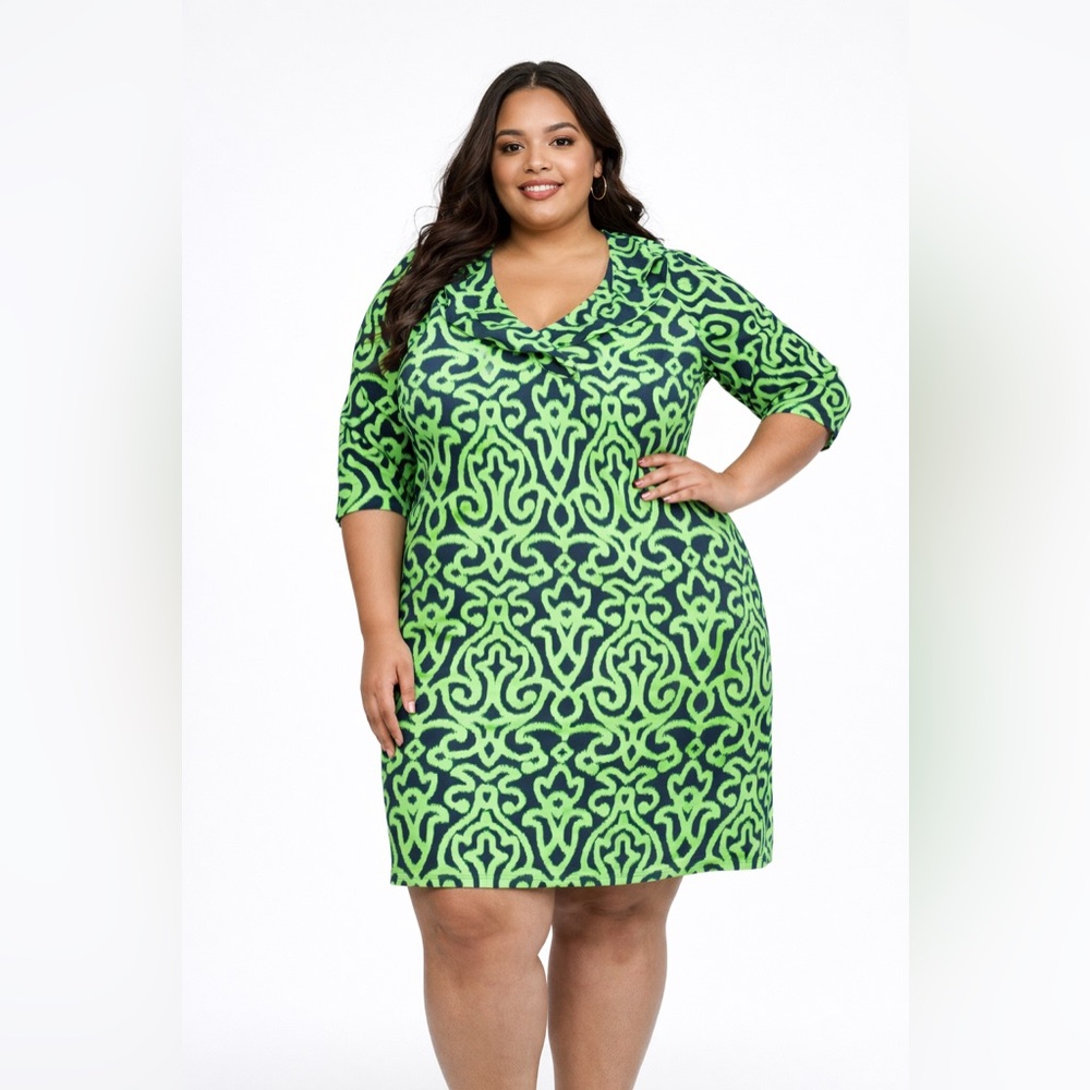 Gretchen Scott Designs Neon Green and Black Patterned V-Neck Dress